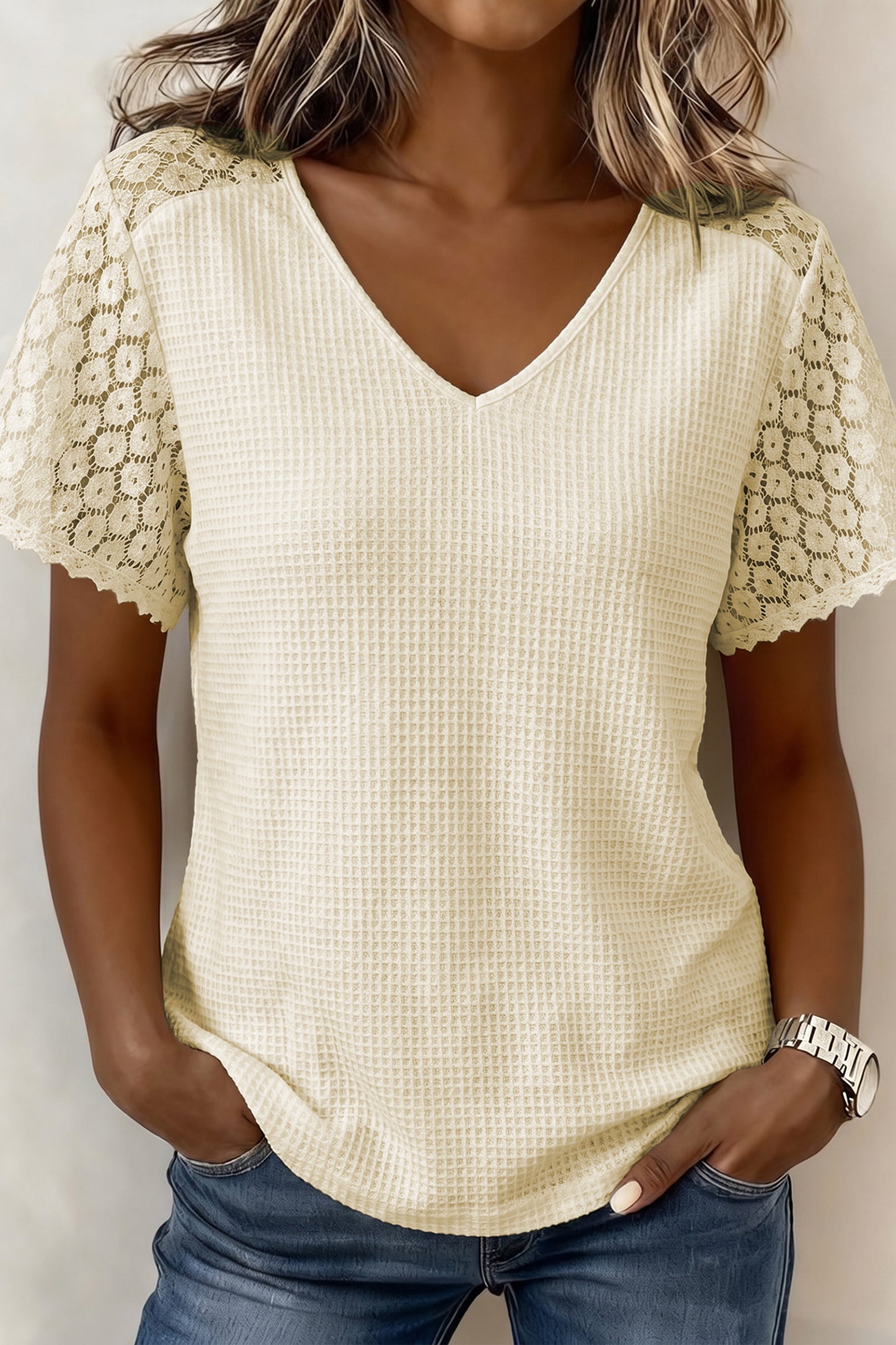 Mint Green Lace Splicing Button Cutout V Neck Waffle Knit Blouse