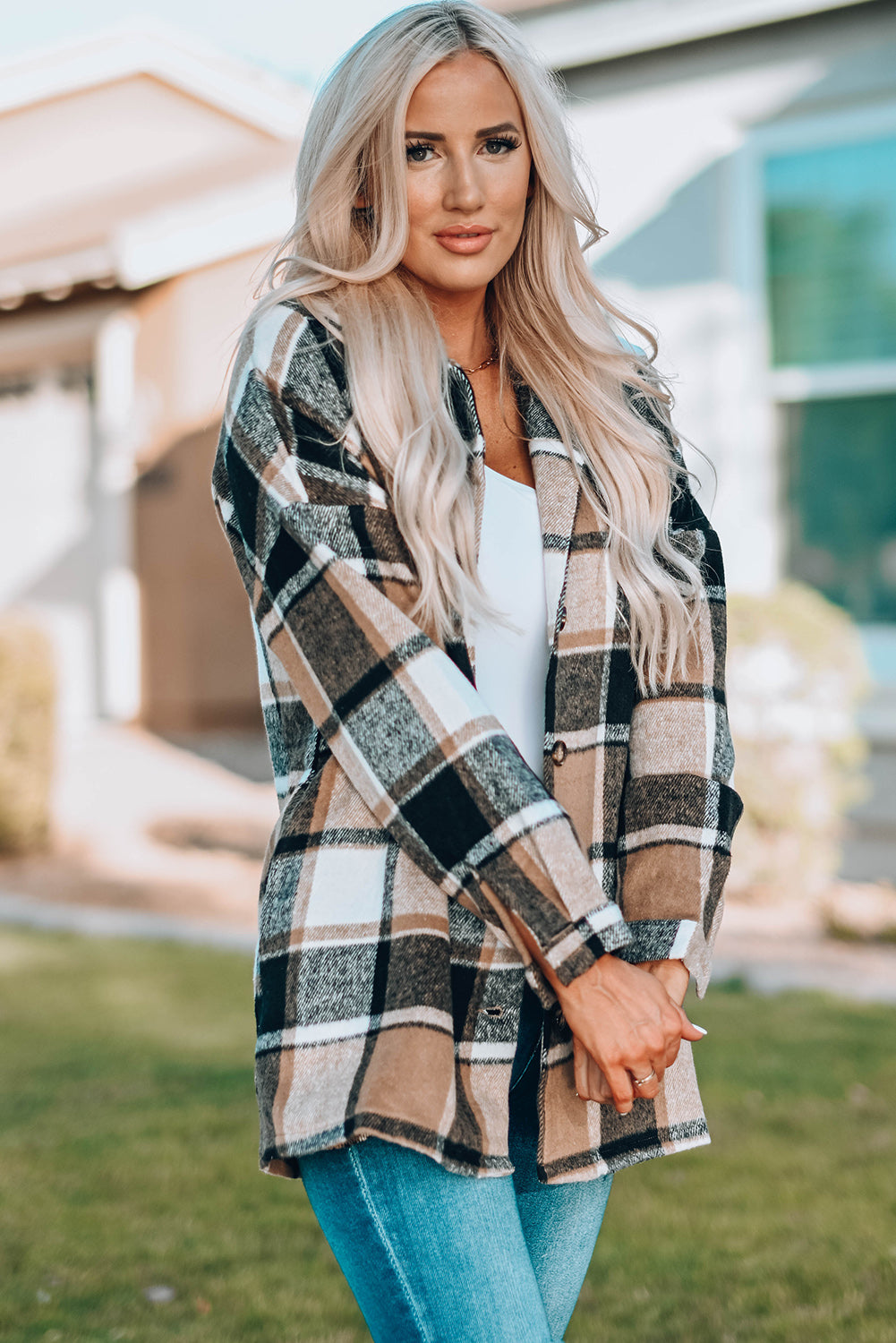 Buttoned Shirt Jacket Plaid Shackets