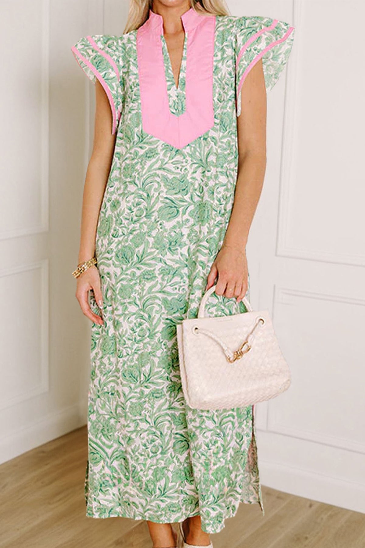 Color Block V-neck Floral Dress