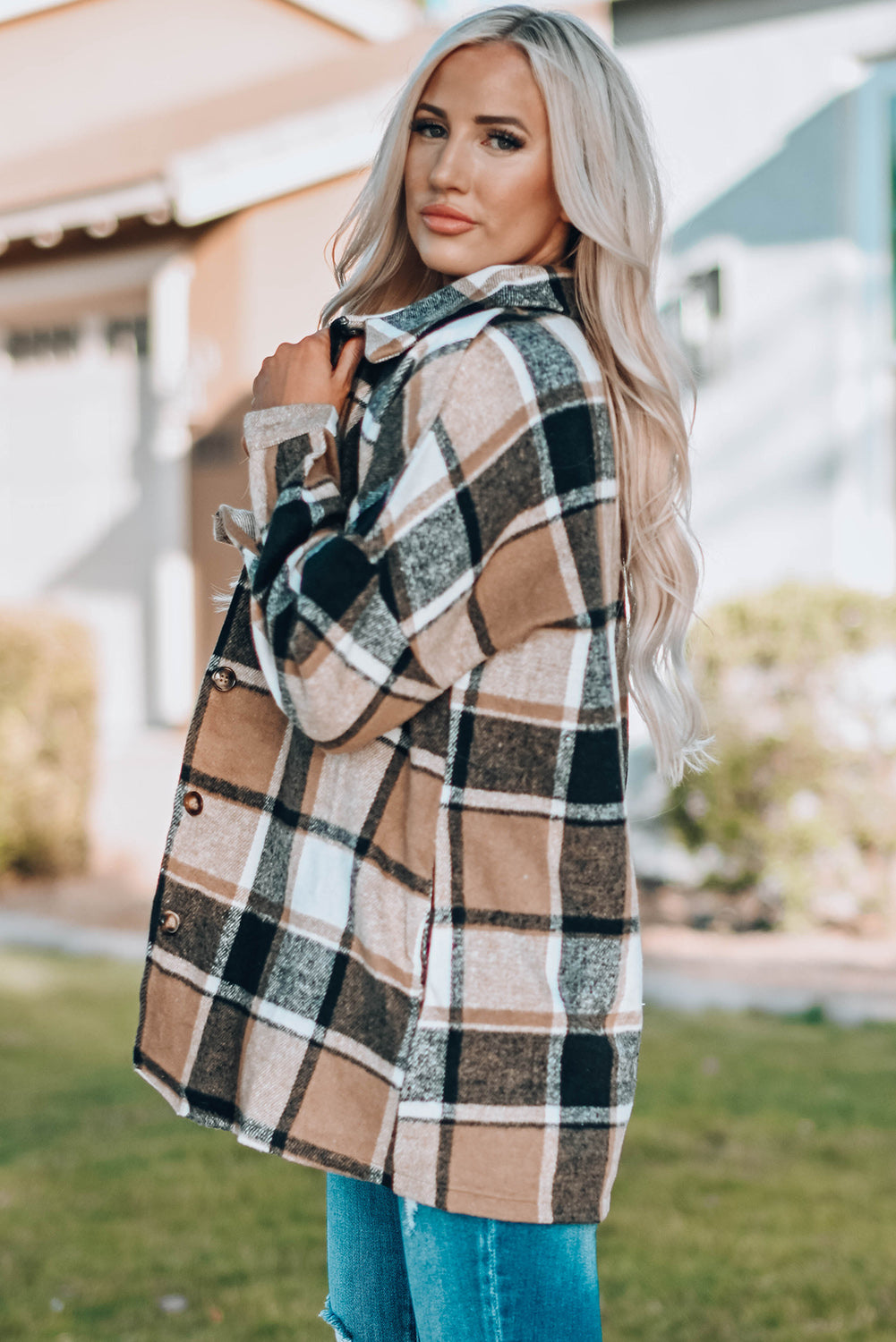 Buttoned Shirt Jacket Plaid Shackets