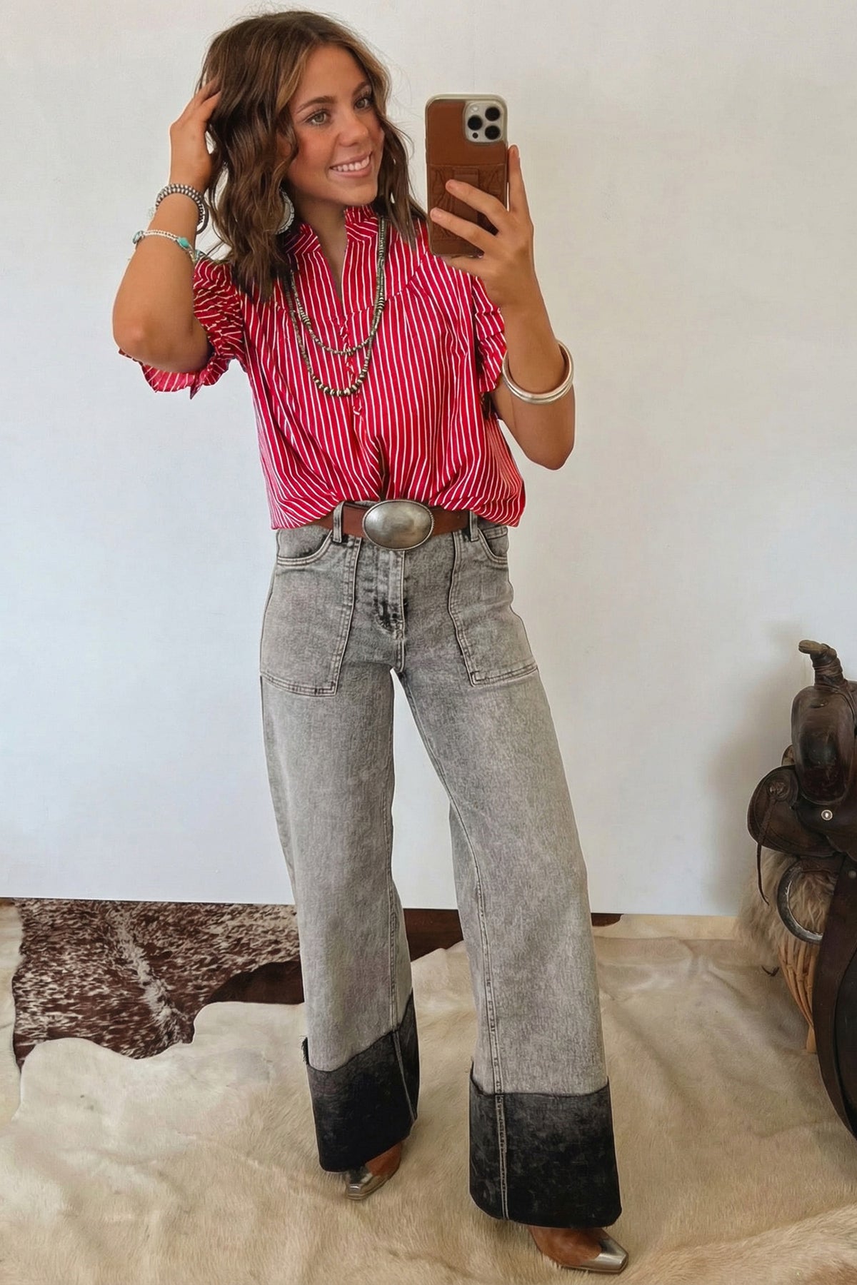 Stripe Ruffled Puff Sleeve Blouse