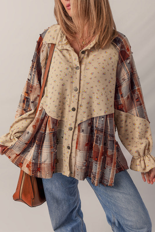 Boho Floral Ruffled Plaid Shackets