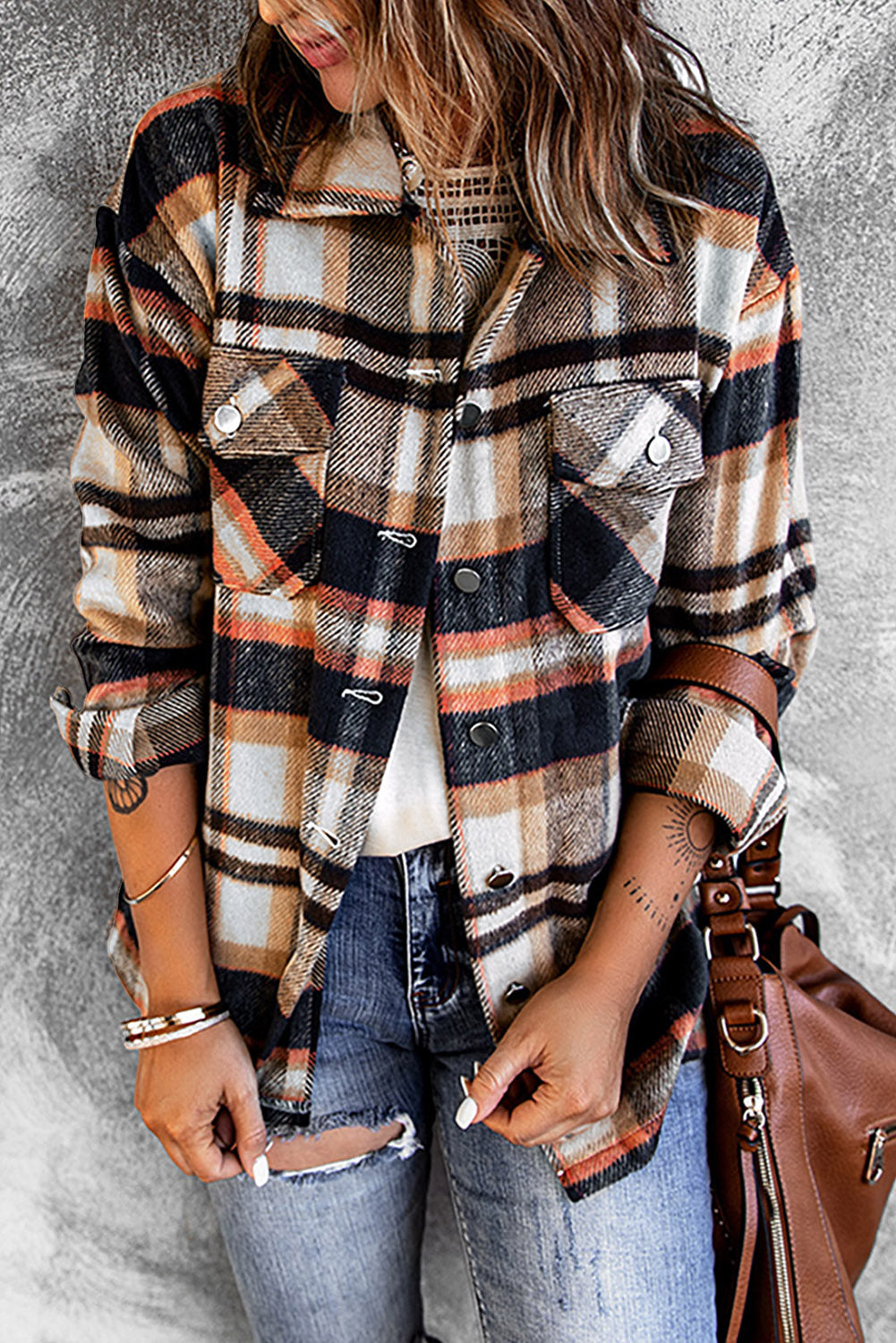 Fiery Geometric Pocketed Plaid Shackets