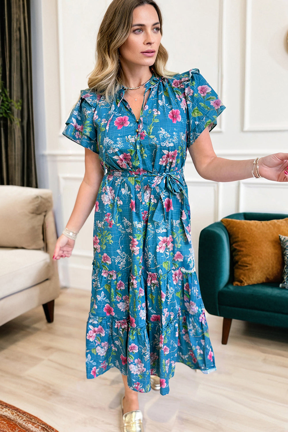 Floral Flutter Sleeve Maxi Dress