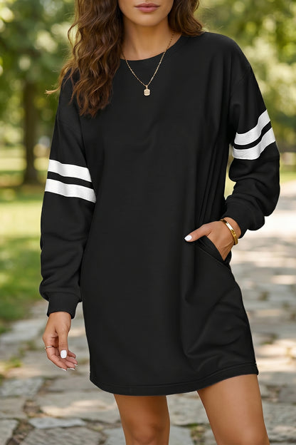 Fiery Red Varsity Contrast Banded Sleeve Shift Sweatshirt Dress