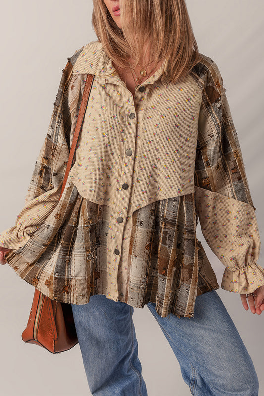 Boho Floral Ruffled Plaid Shackets