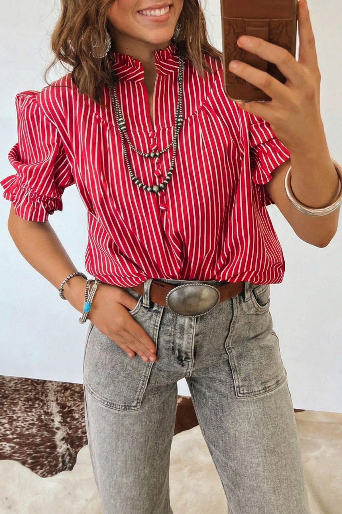 Stripe Ruffled Puff Sleeve Blouse