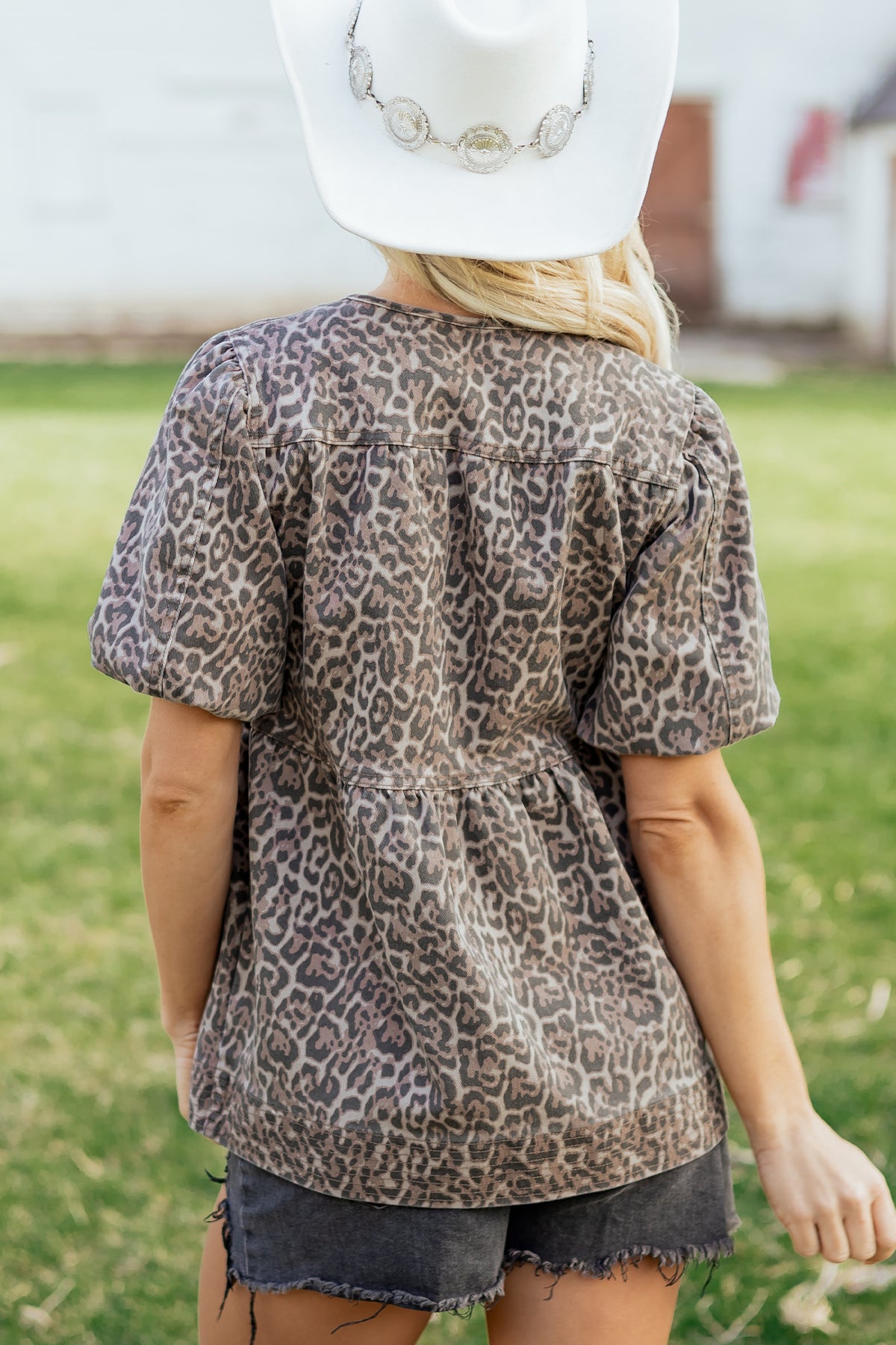 Leopard Puff Sleeve Denim Tee