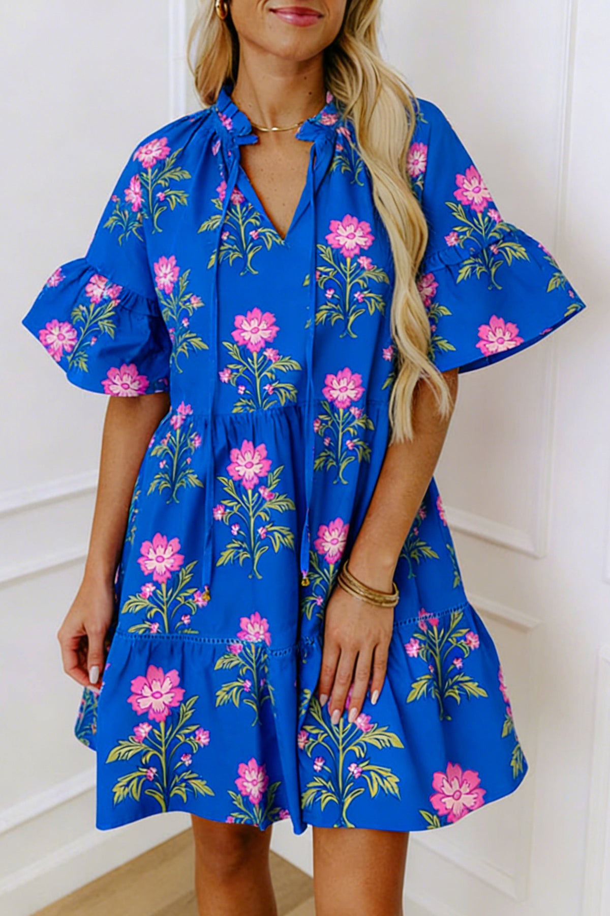 V-neck Short Sleeve Floral Dress