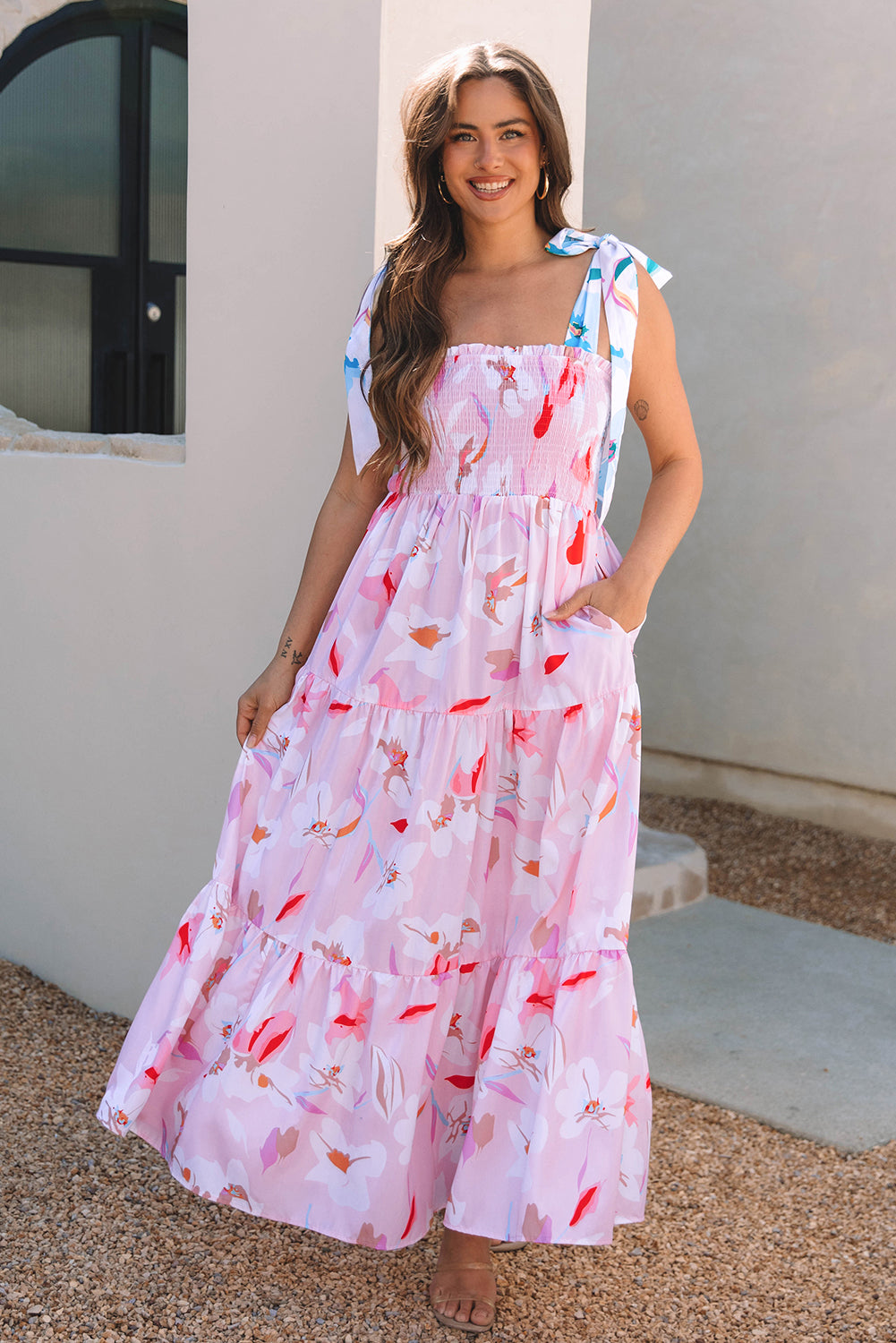 Knotted Smocked Maxi Floral Dress