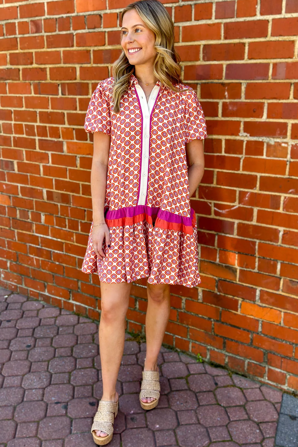 Geometric Color Block Floral Dress