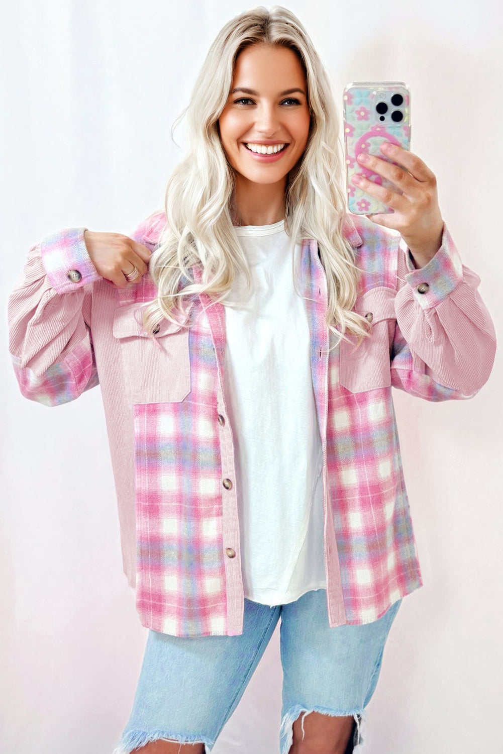 Brushed Corduroy Flap Plaid Shackets