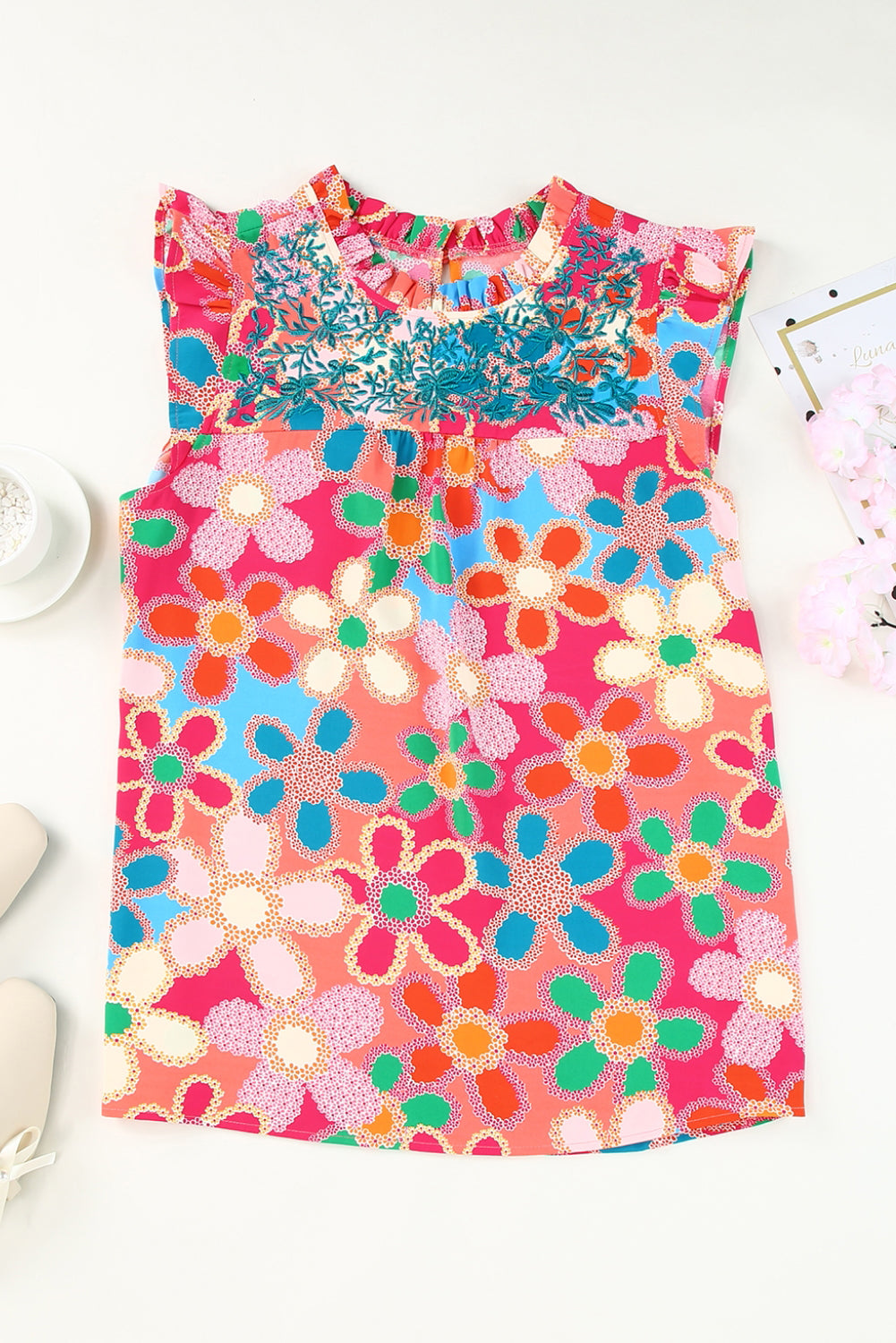Embroidered Floral Ruffle Tank Top