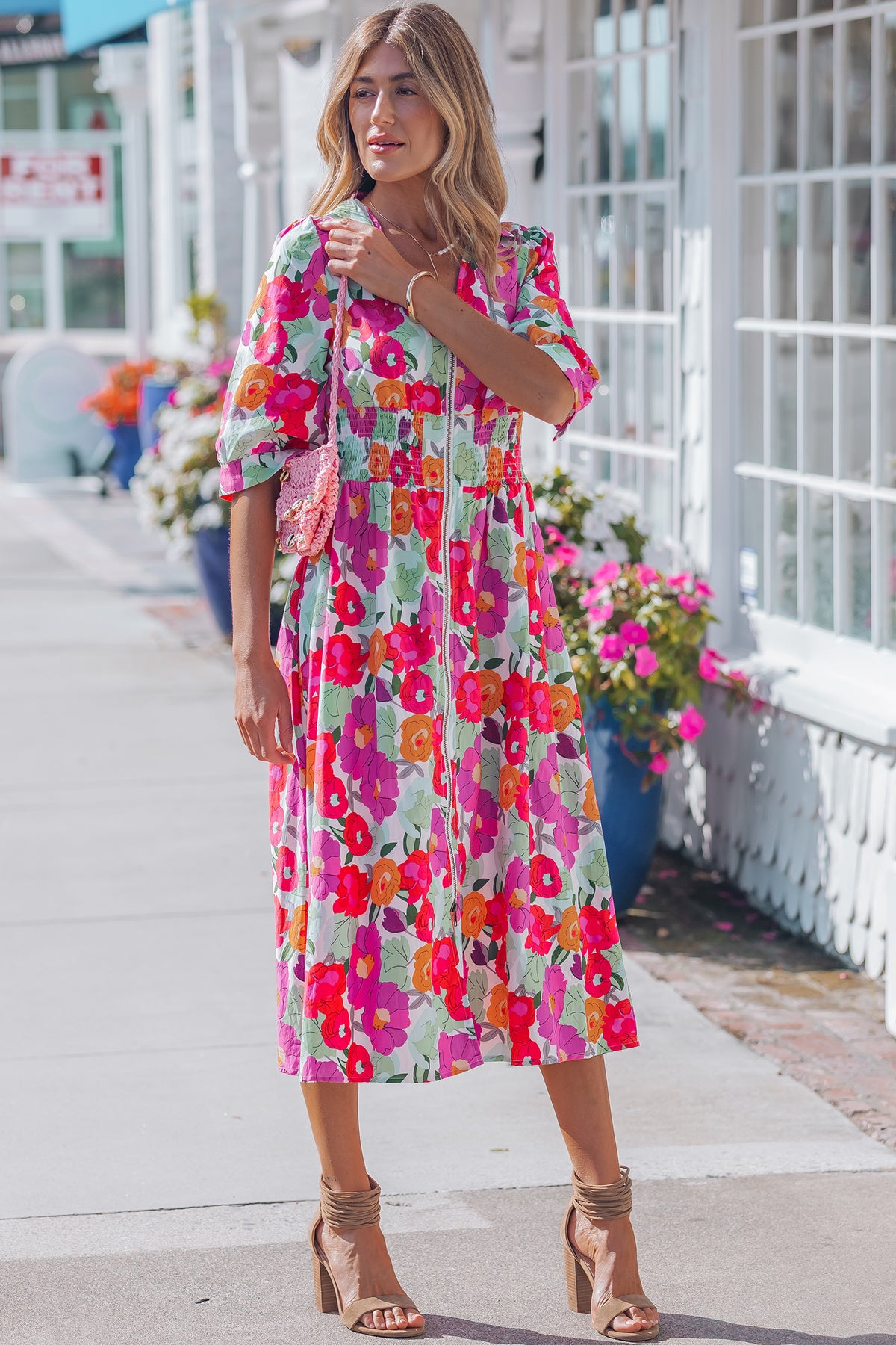Vibrant V-neck Zip Floral Dress