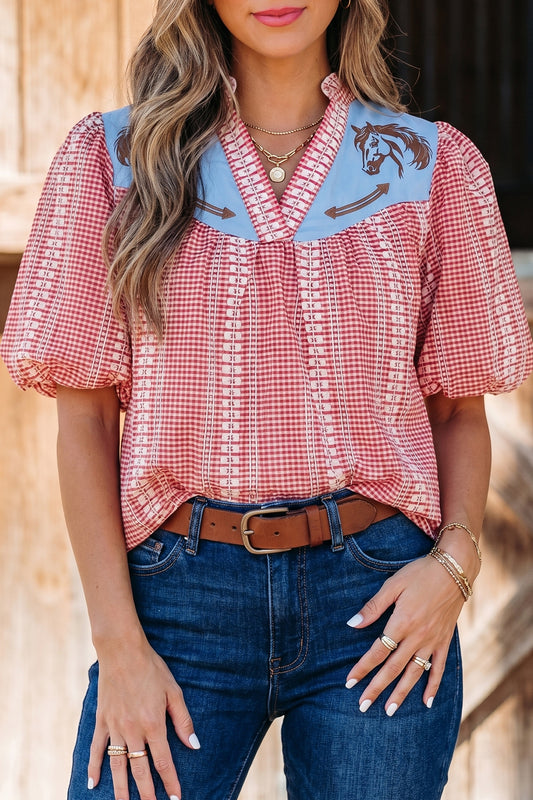 Western Embroidered Puff Sleeve Blouse