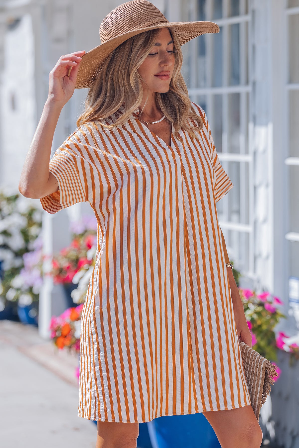 Stripe Pinched V-neck Mini Dress