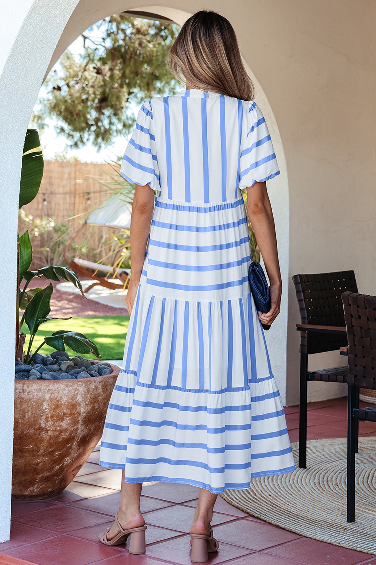 Stripe Ricrac Notched Midi Dress