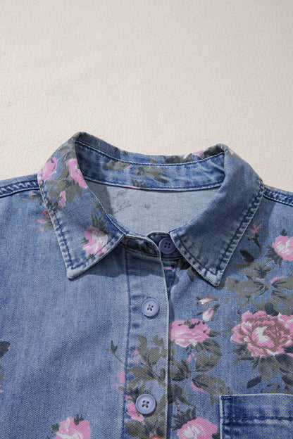 Bracelet Sleeve Floral Denim Blouse