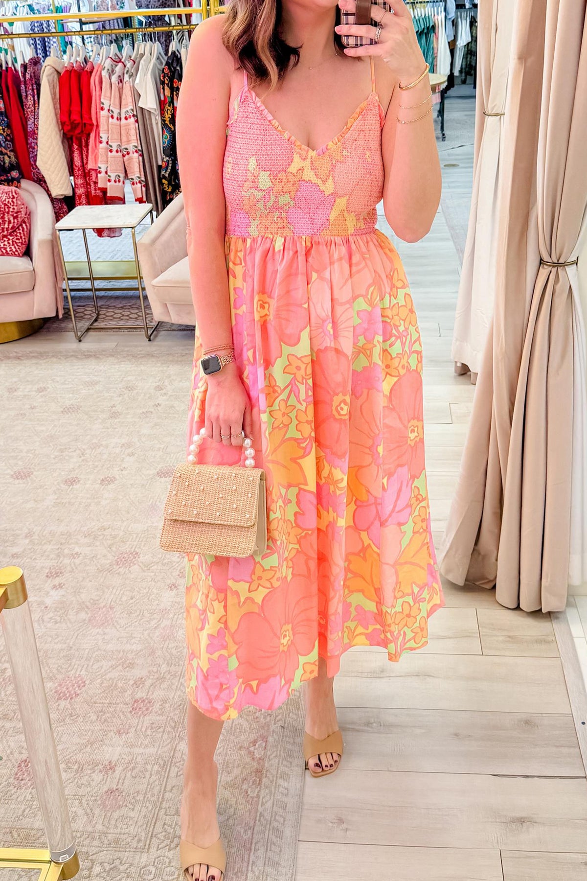 Spaghetti Strap Shirred Floral Dress