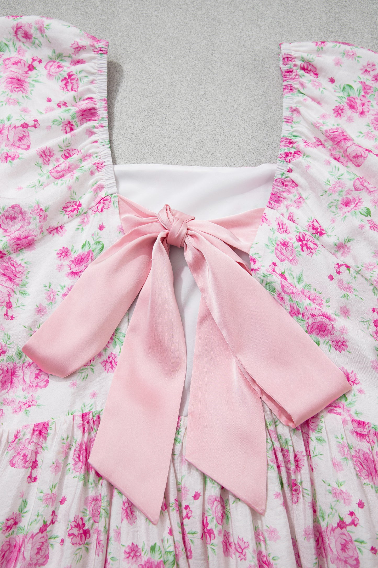 Pink Floral Print Square Neck Ribbon Knot Back Cute Mini Dress