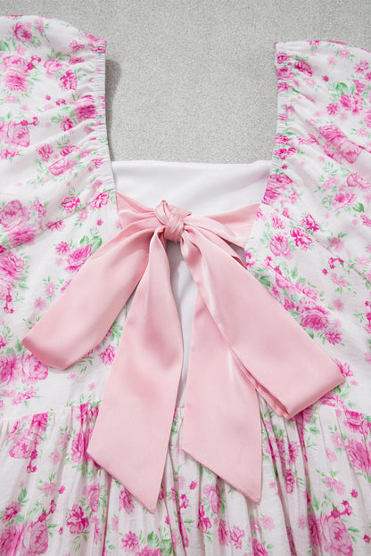 Pink Floral Print Square Neck Ribbon Knot Back Cute Mini Dress