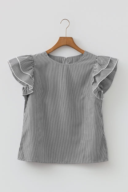 Black Stripe Striped Ruffle Sleeve Short Sleeve Round Neck Casual Shift Blouse
