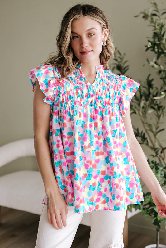 Shirred Yoke Ruffled Printed Blouse