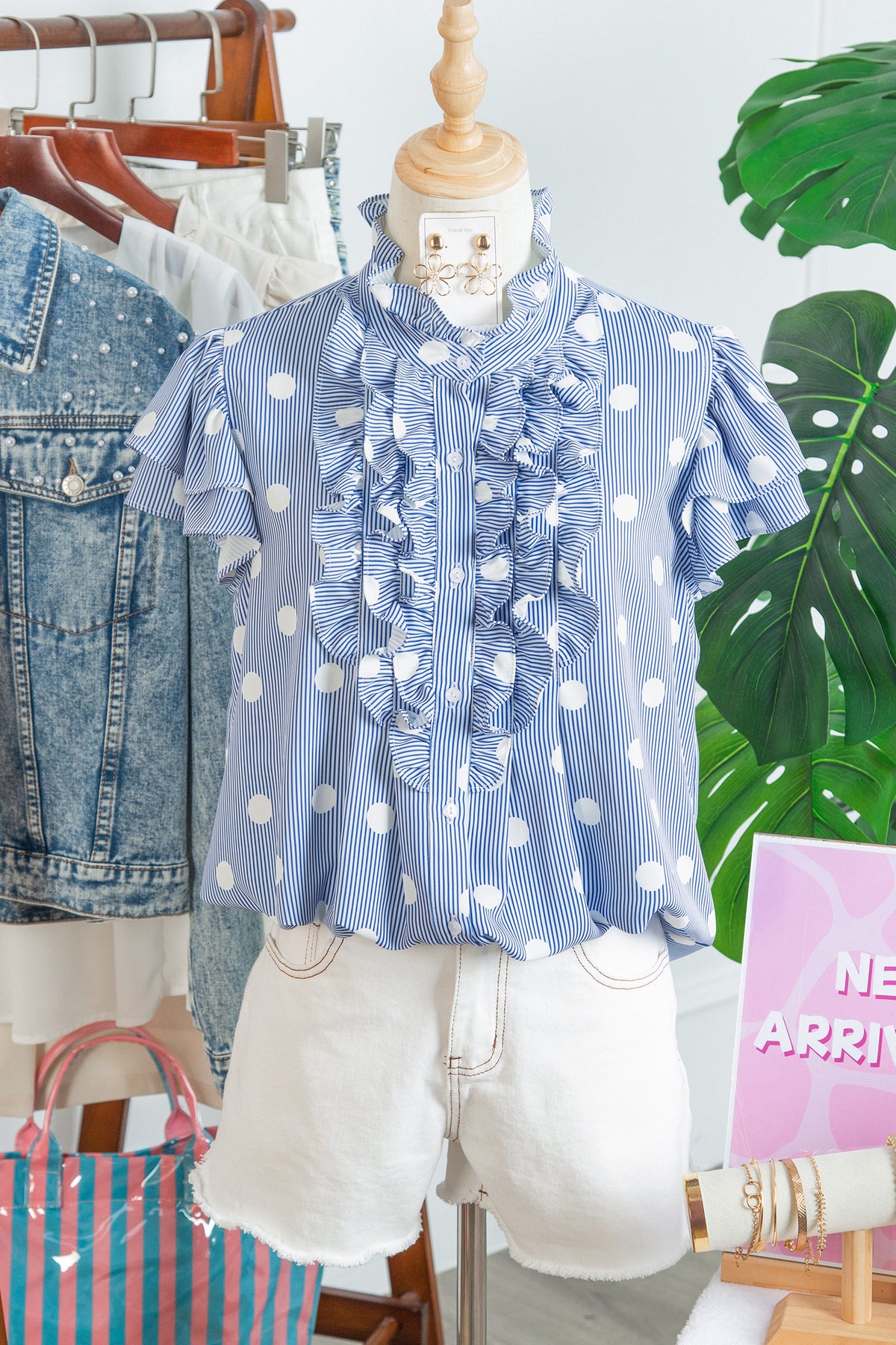 Stripe Polka Dot Ruffle Blouse