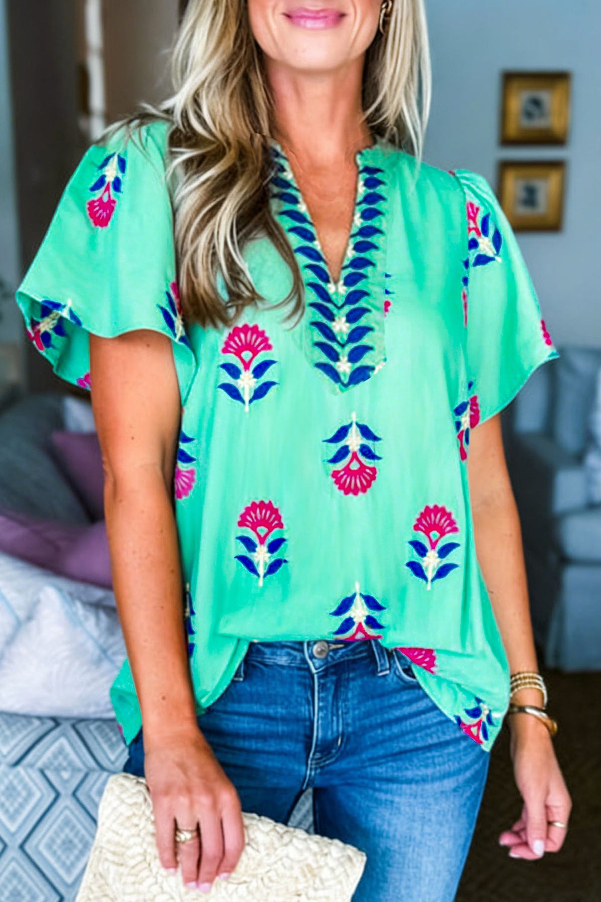 Floral V-neck Flutter Sleeve Blouse