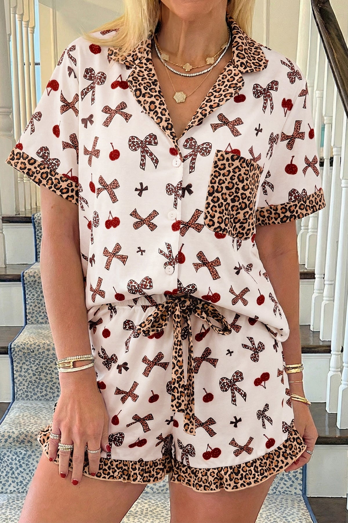 Printed Leopard Drawstring Pajama Set