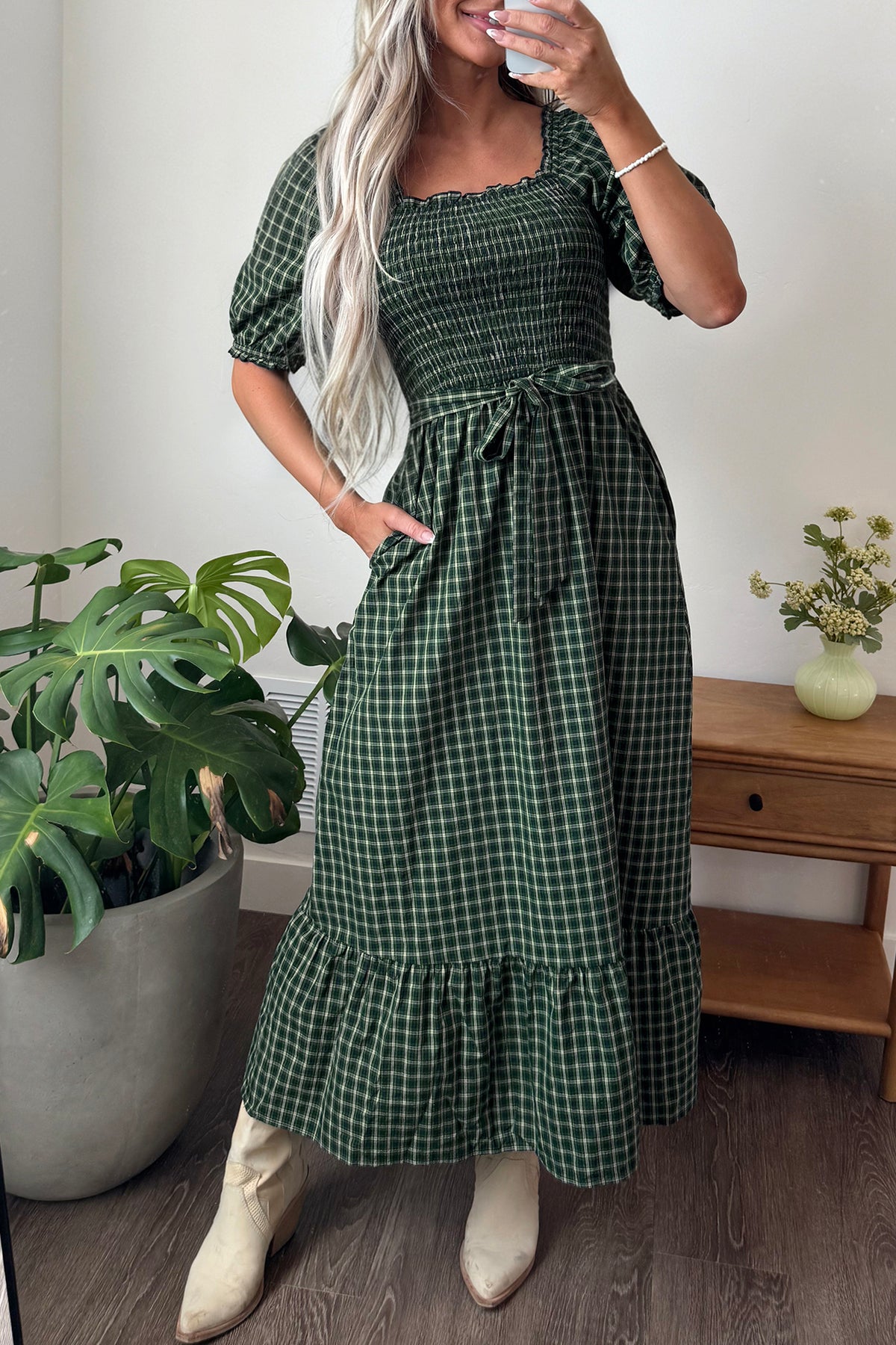 Shirred Ruffle Hem Maxi Dress