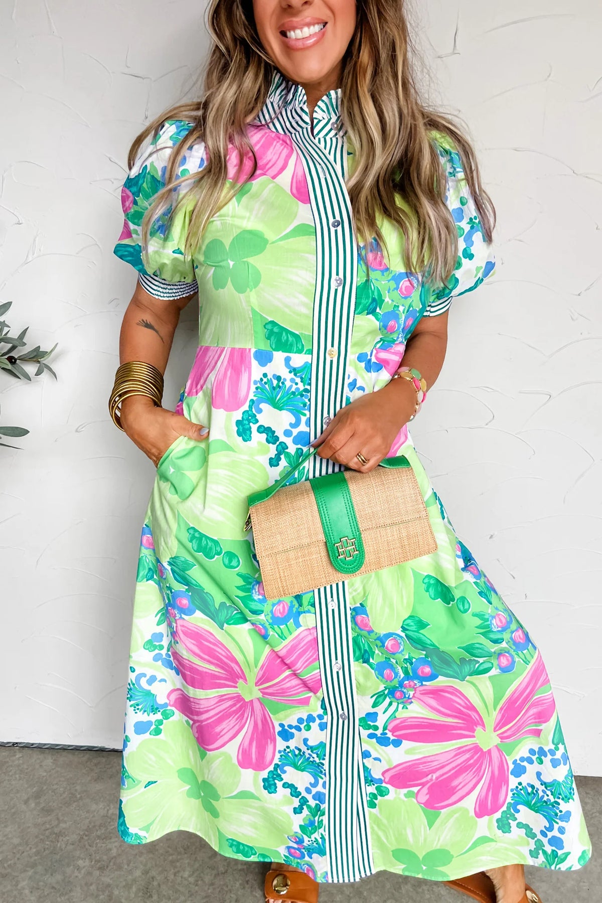 Striped Short Sleeve Floral Dress
