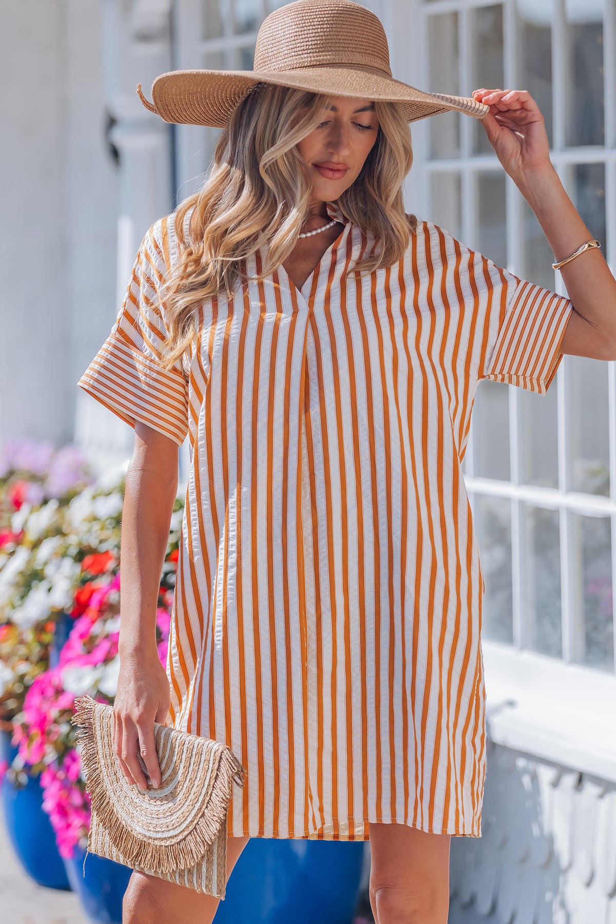Stripe Pinched V-neck Mini Dress