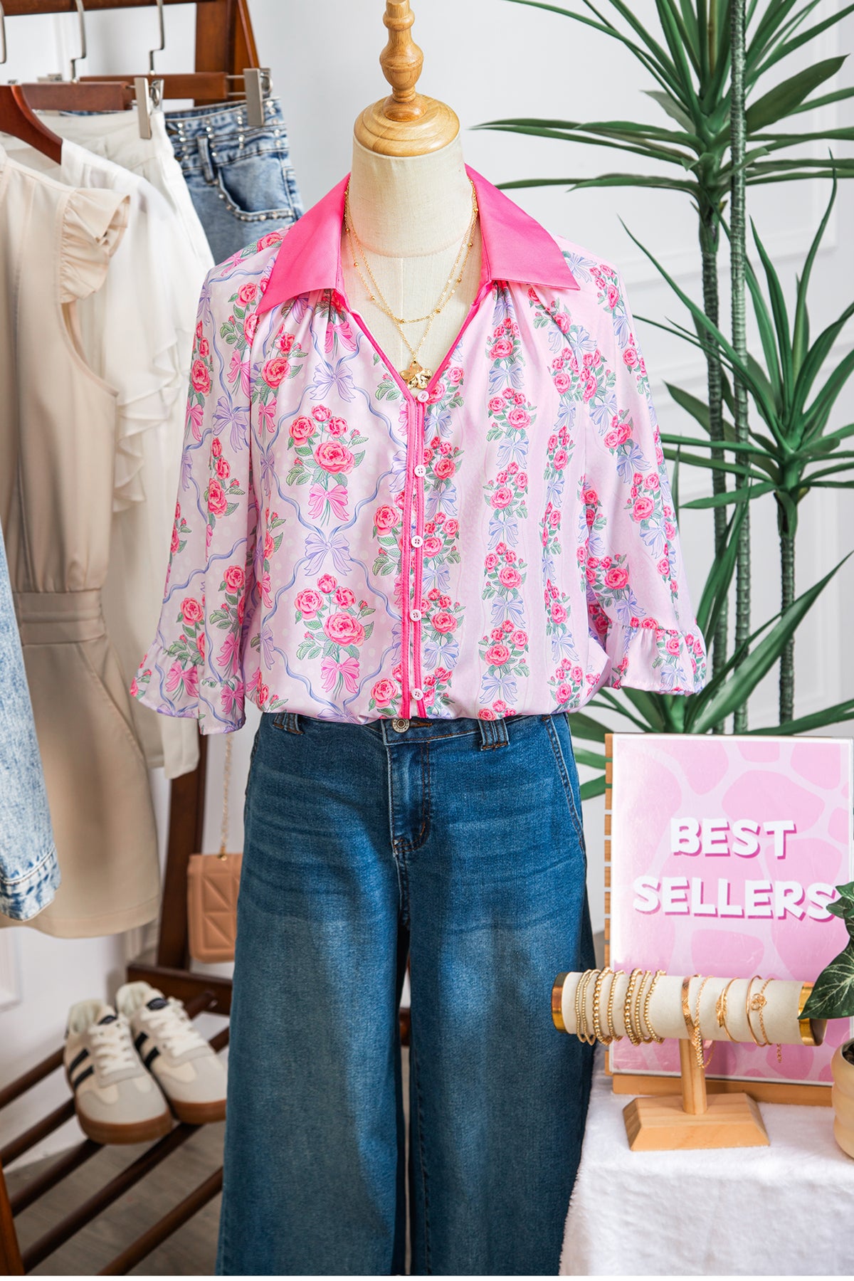 Floral Collared Ruffled Shirt Blouse