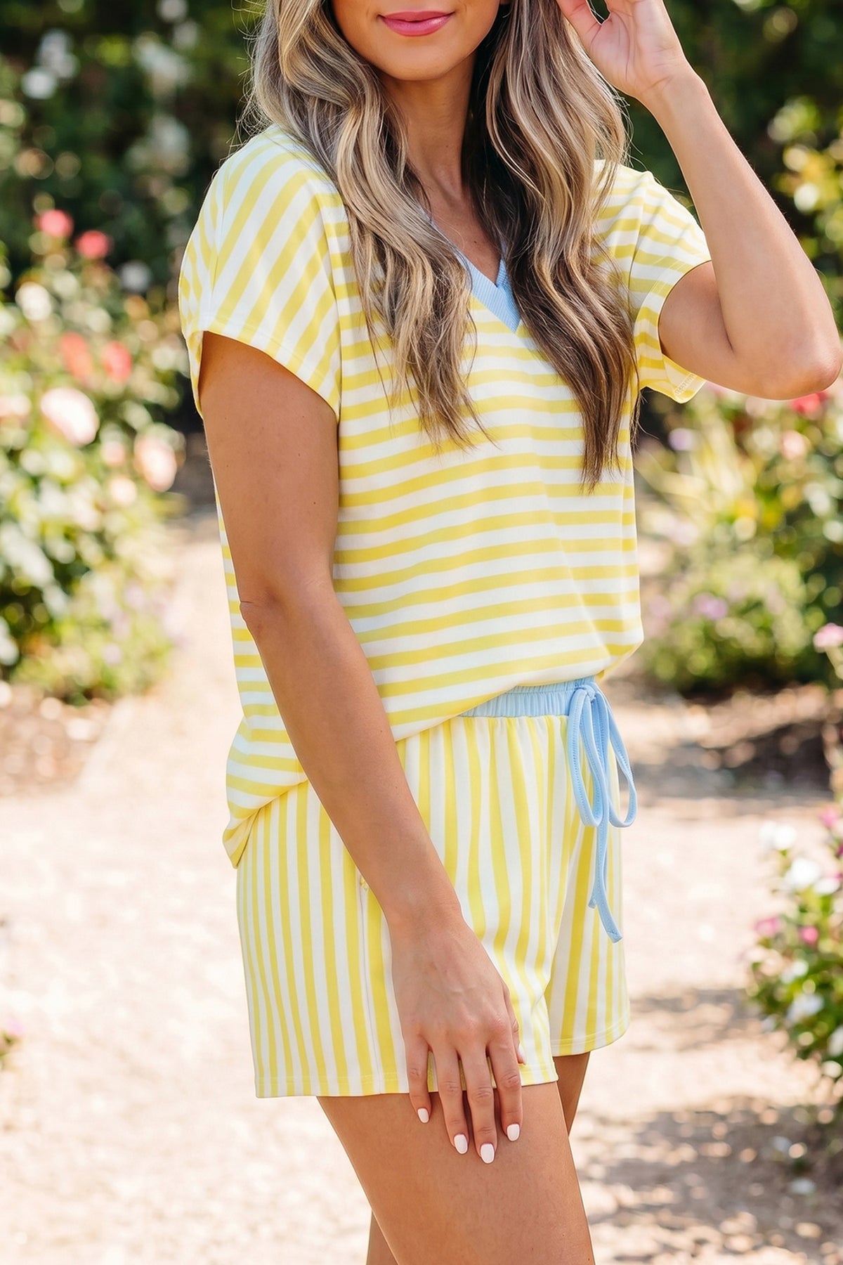 Stripe V-neck Drawstring Short Set