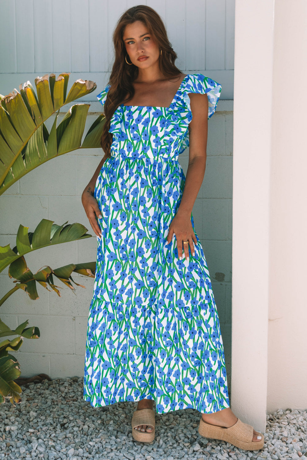 Square Neck Ruffled Floral Dress