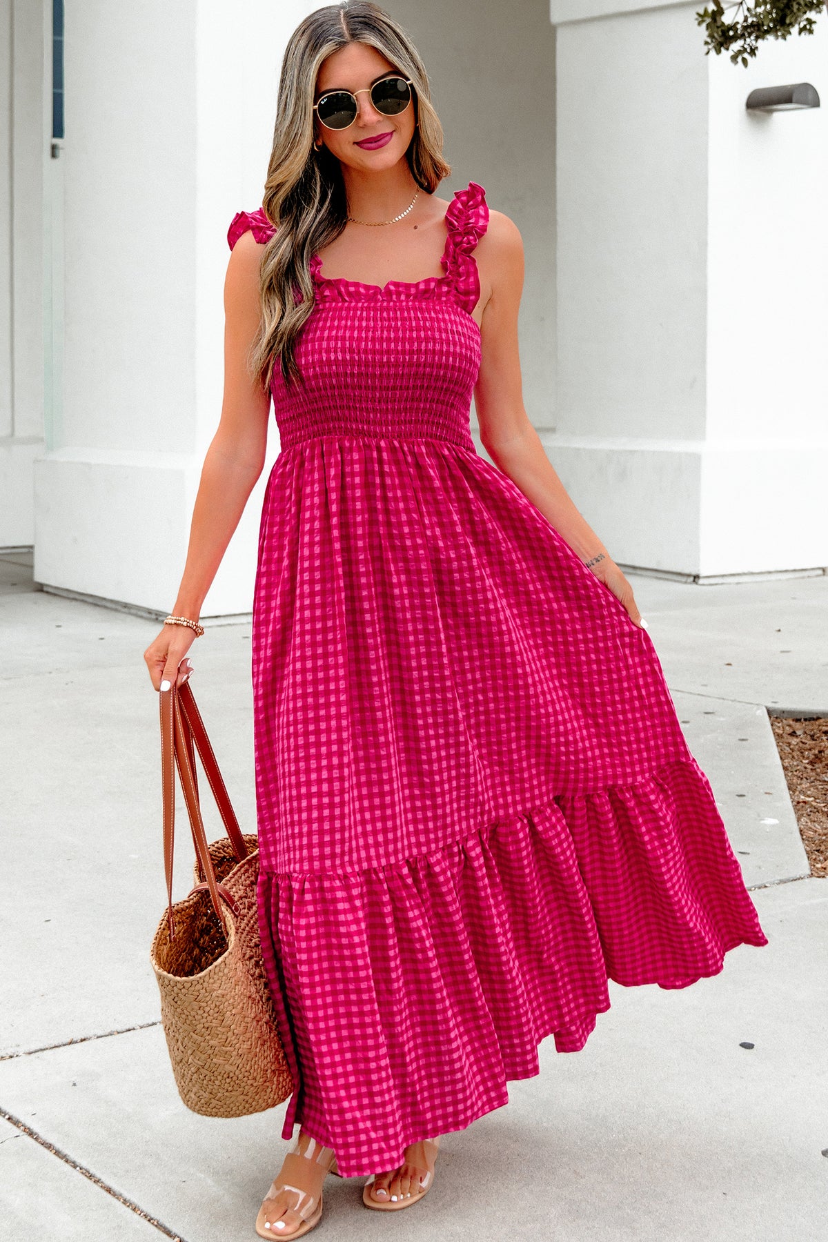 Plaid Square Neck Maxi Dress