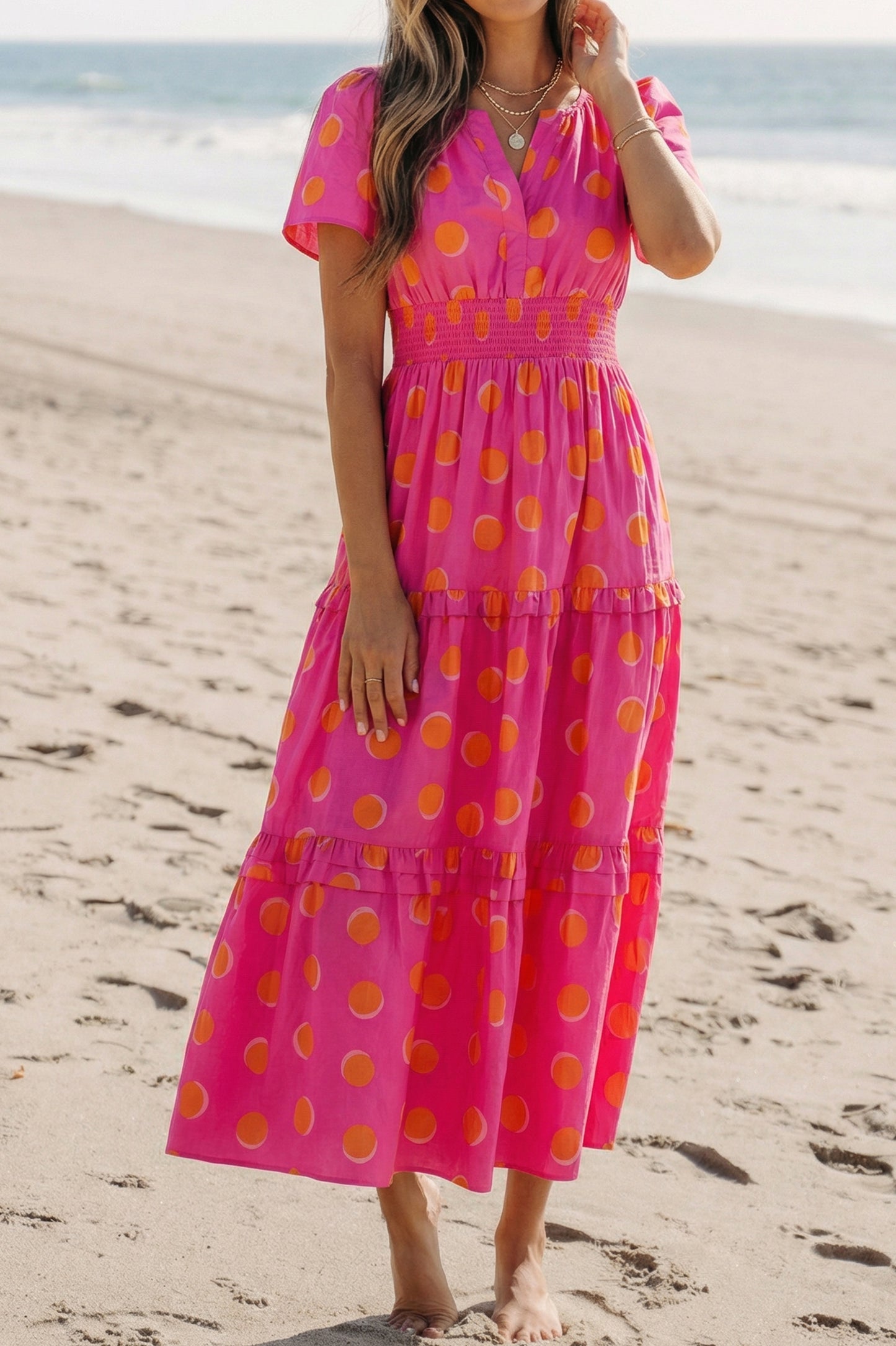 Polka Dot Shirred Midi Dress