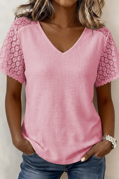 Mint Green Lace Splicing Button Cutout V Neck Waffle Knit Blouse