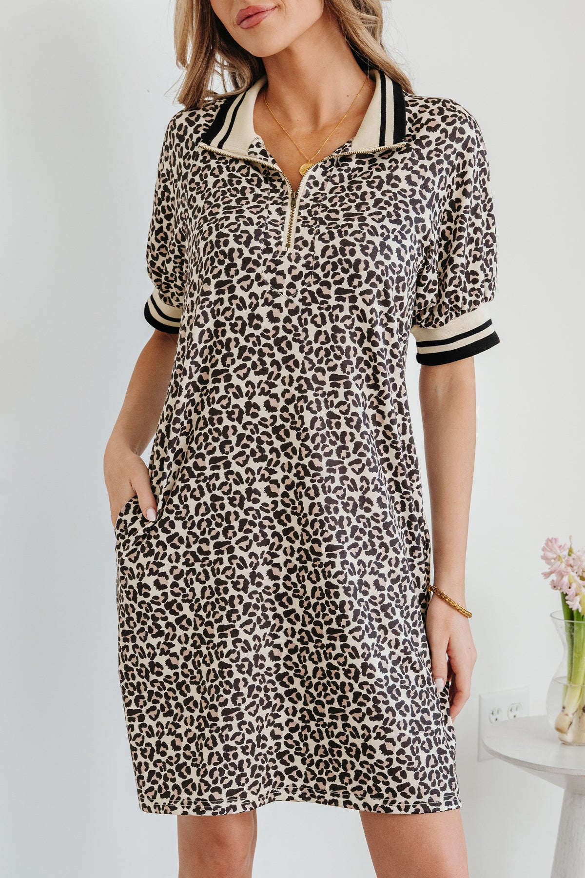 Leopard Zip Striped Mini Dress