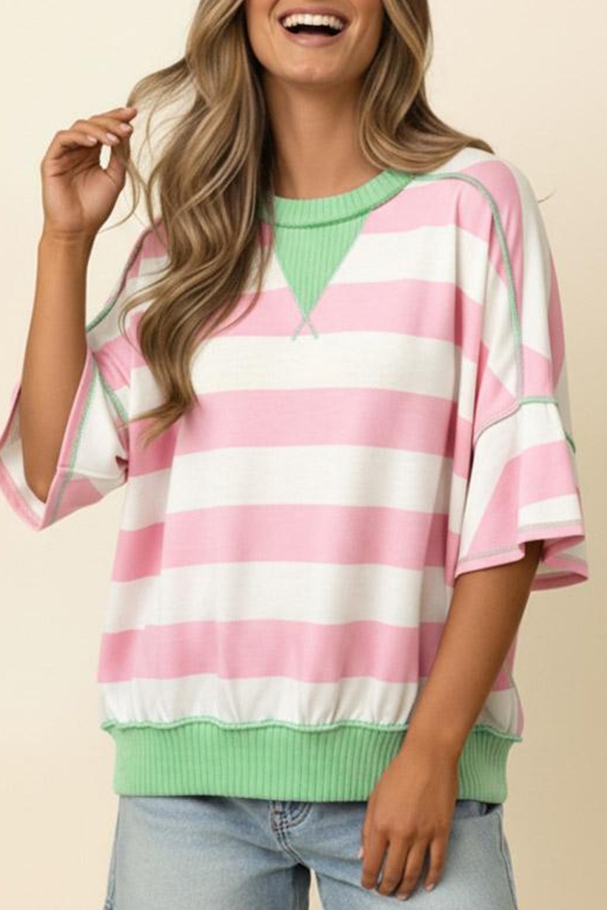 Stripe Exposed Seam Oversized Tee