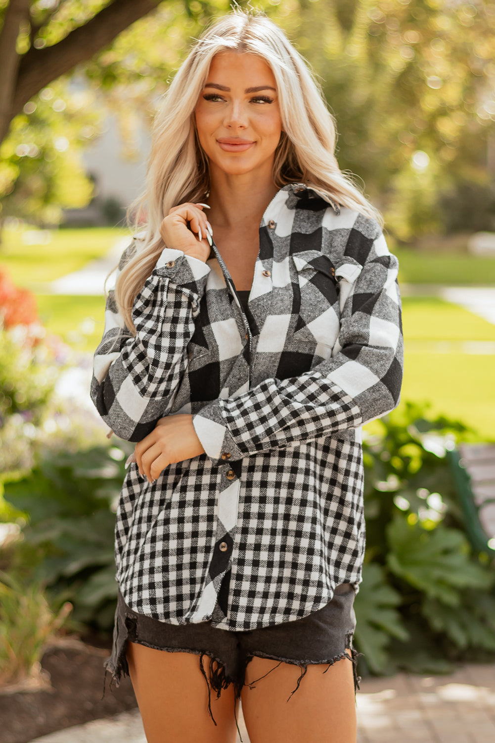 Double Drawstring Hooded Plaid Shackets