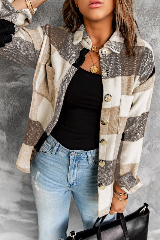 Color Block Buttoned Plaid Shackets