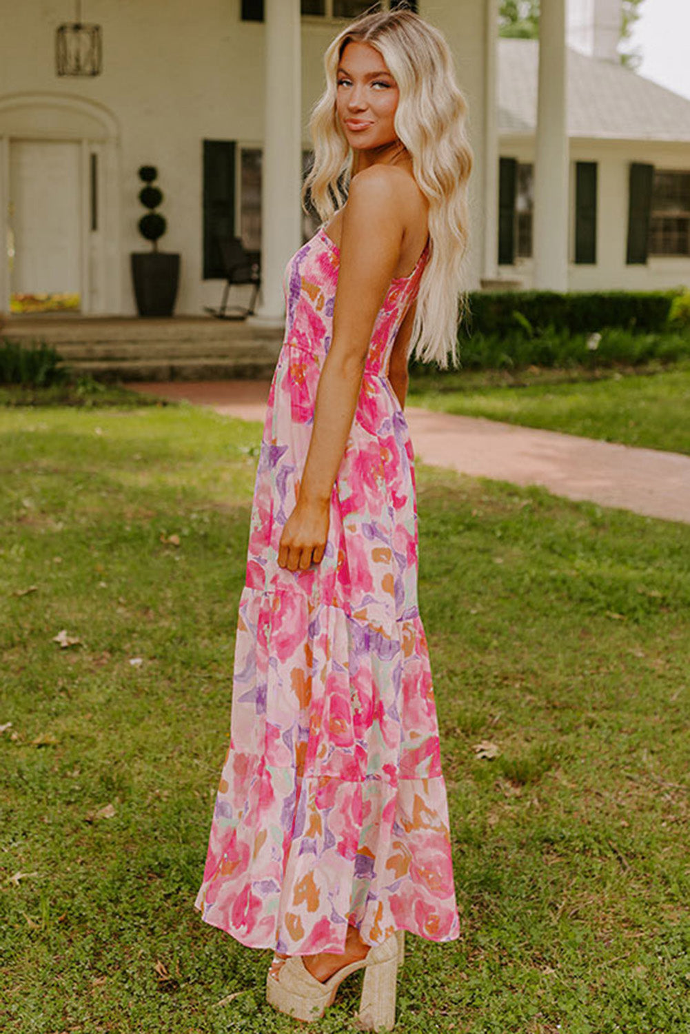 Abstract Shirred Maxi Floral Dress
