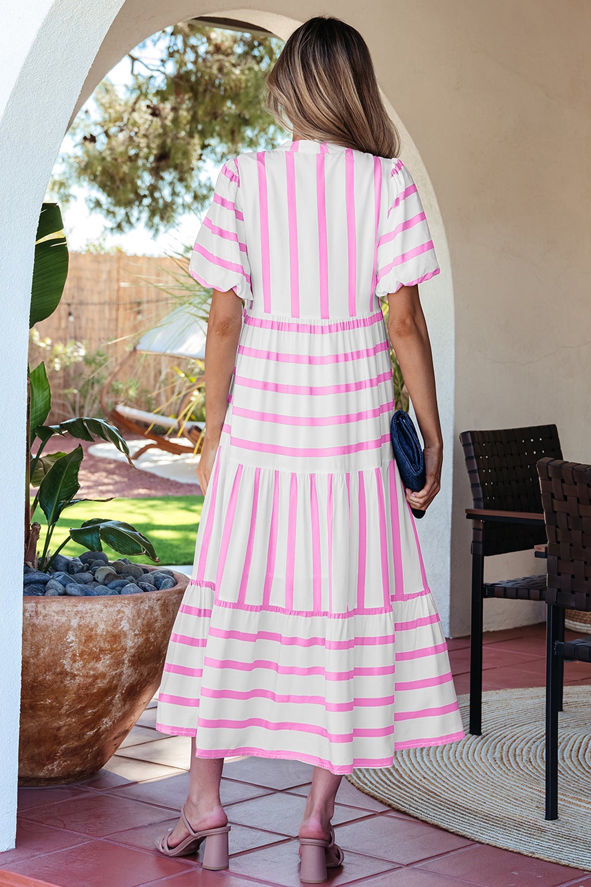 Stripe Ricrac Notched Midi Dress