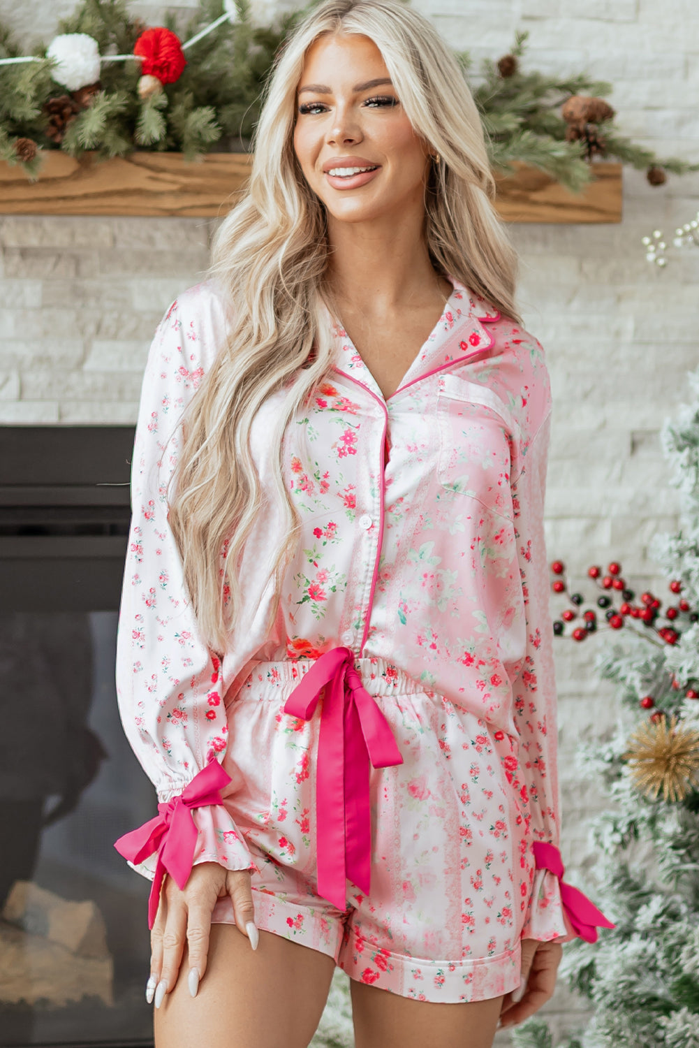 Mixed Floral Piping Pajama Set
