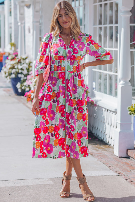 Vibrant V-neck Zip Floral Dress