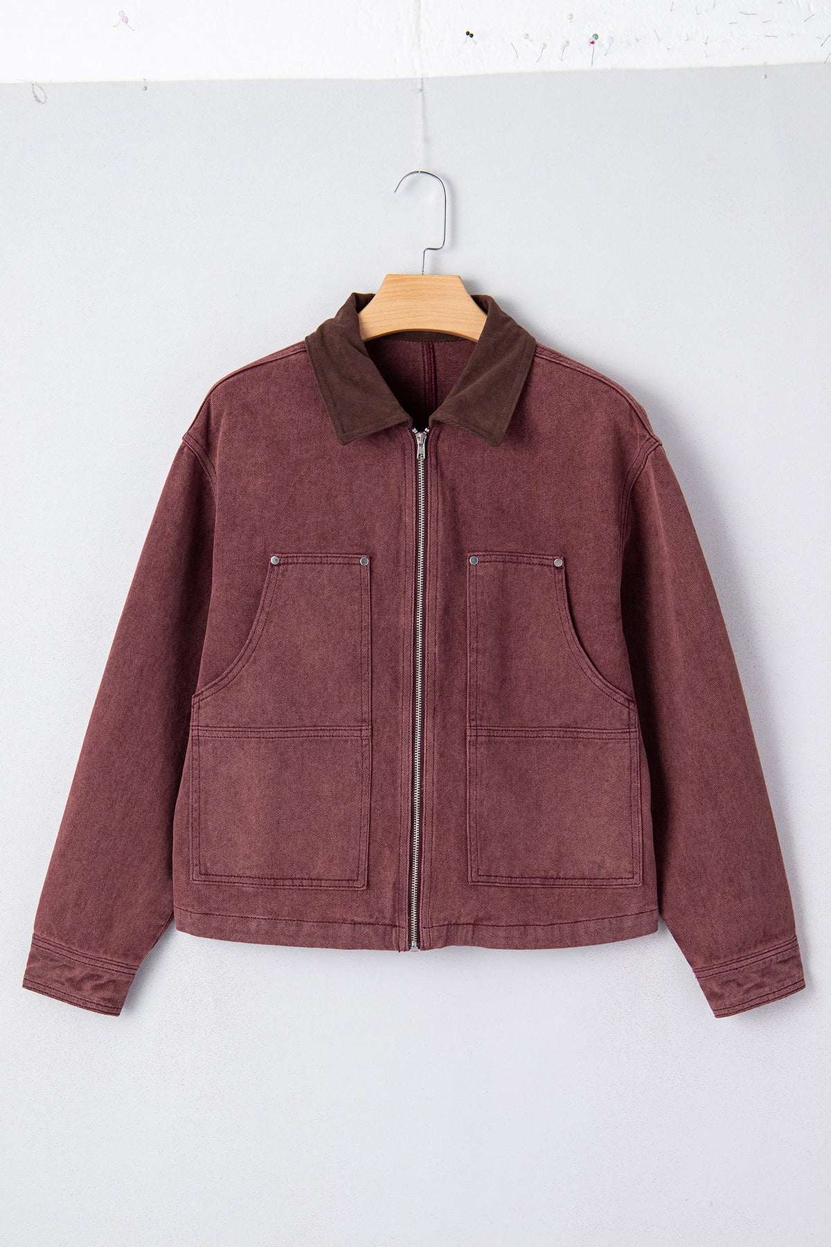 Corduroy Collar Zipped Denim Jackets
