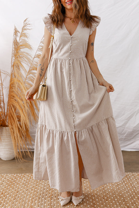 Stripe Flutter Sleeve Maxi Dress