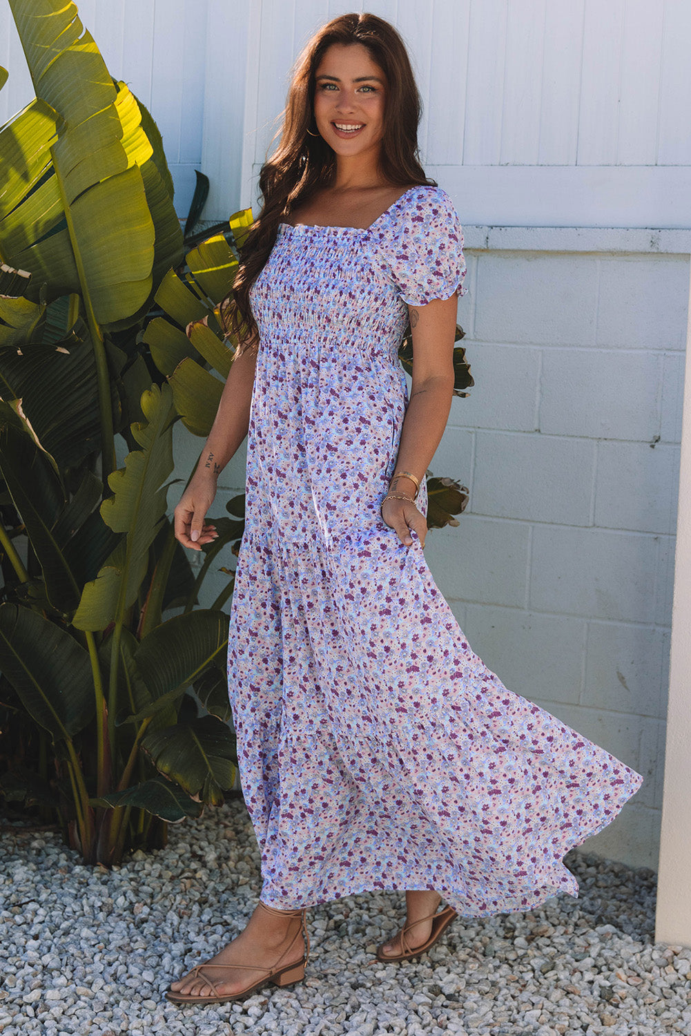 Floral Short Shirred Maxi Dress